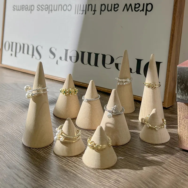 Retro Wooden Ring Display Stand Cone Shape Jewelry Creative Showcase Simple Style Nordic Craft Accessory Photo Prop