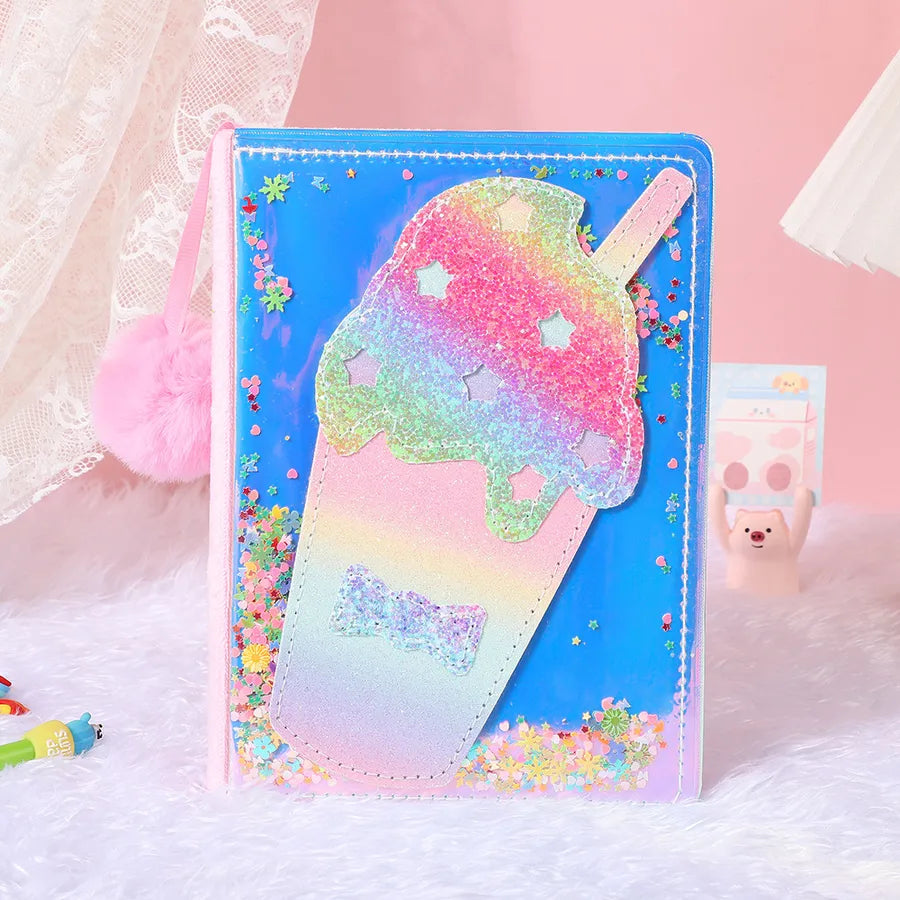 Adorable Glitter  Notebook Cute Cartoon Student Planner Journal Ice Cream  Blue  Wooden Pulp Furry Material