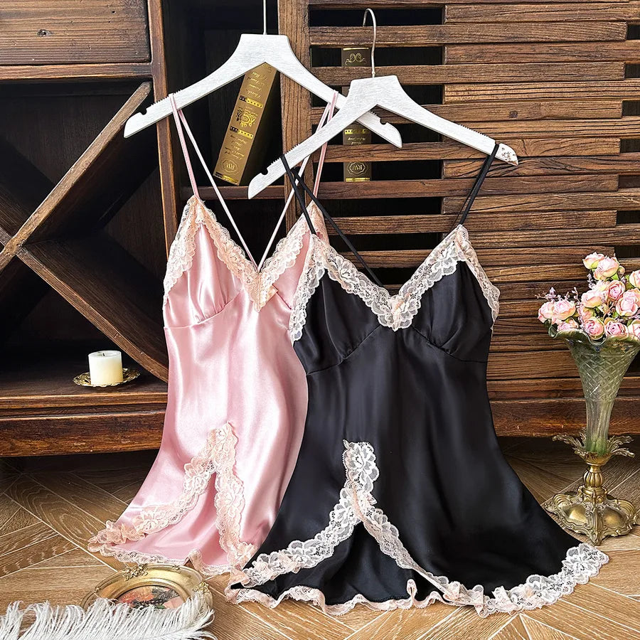 Home Elegant Sexy Color Block Lace Imitated Silk Polyester Pajama Sets