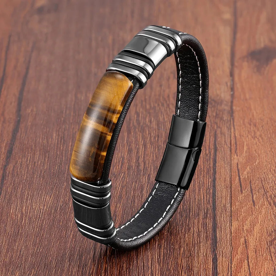 hip-hop punk rectangle pu leather stone metal handmade metal button men's bracelets
