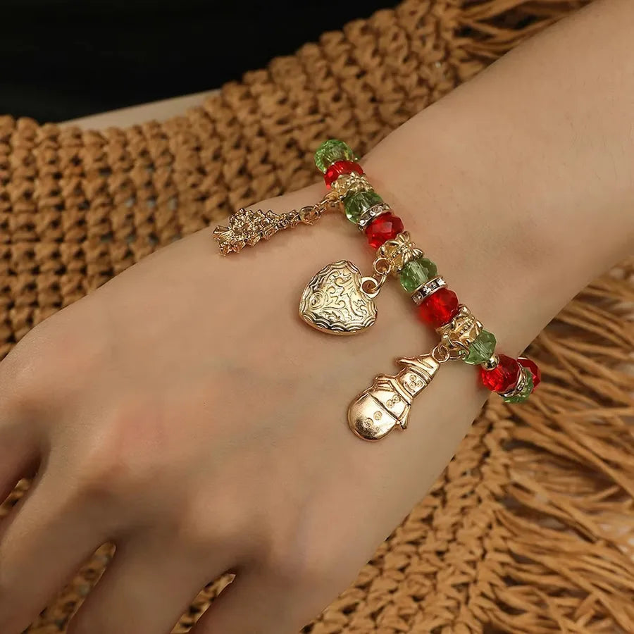 Handmade European Christmas Tree Beaded Bracelet Vintage Cute Snowman Silver Metal Bangle Women's Fashion Jewelry Accessory
