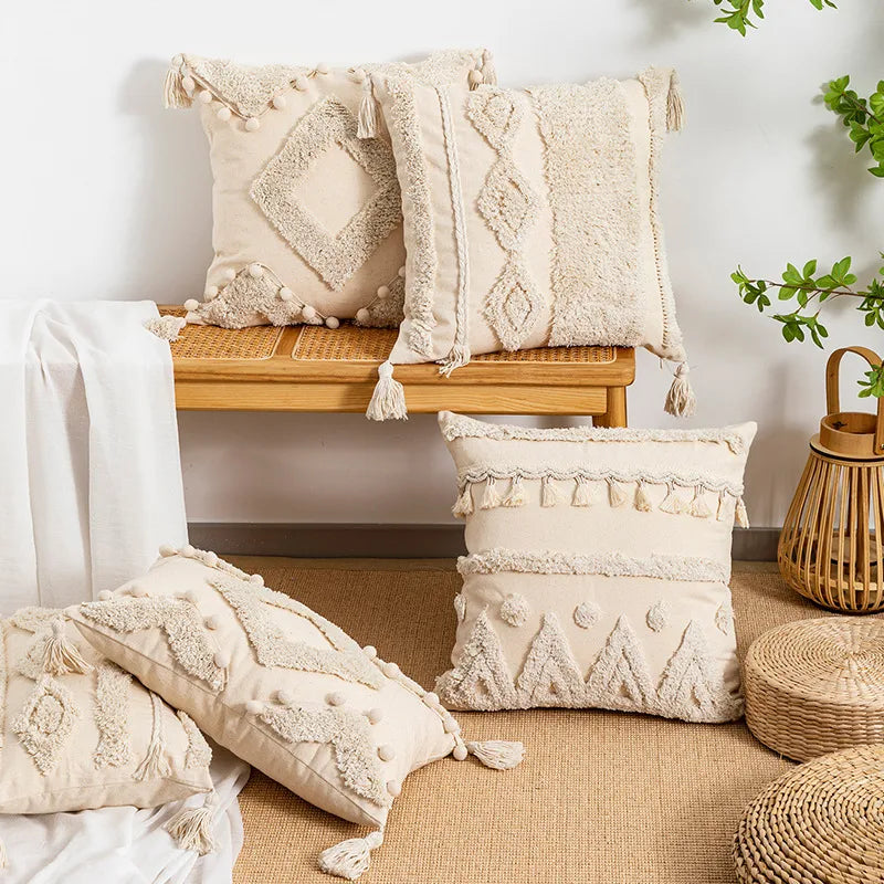 Bohemian Geometry Plush Pillow Moroccan White Flocking Sofa Cushion Model Room Sample House Pillow Soft Decorative Pillow