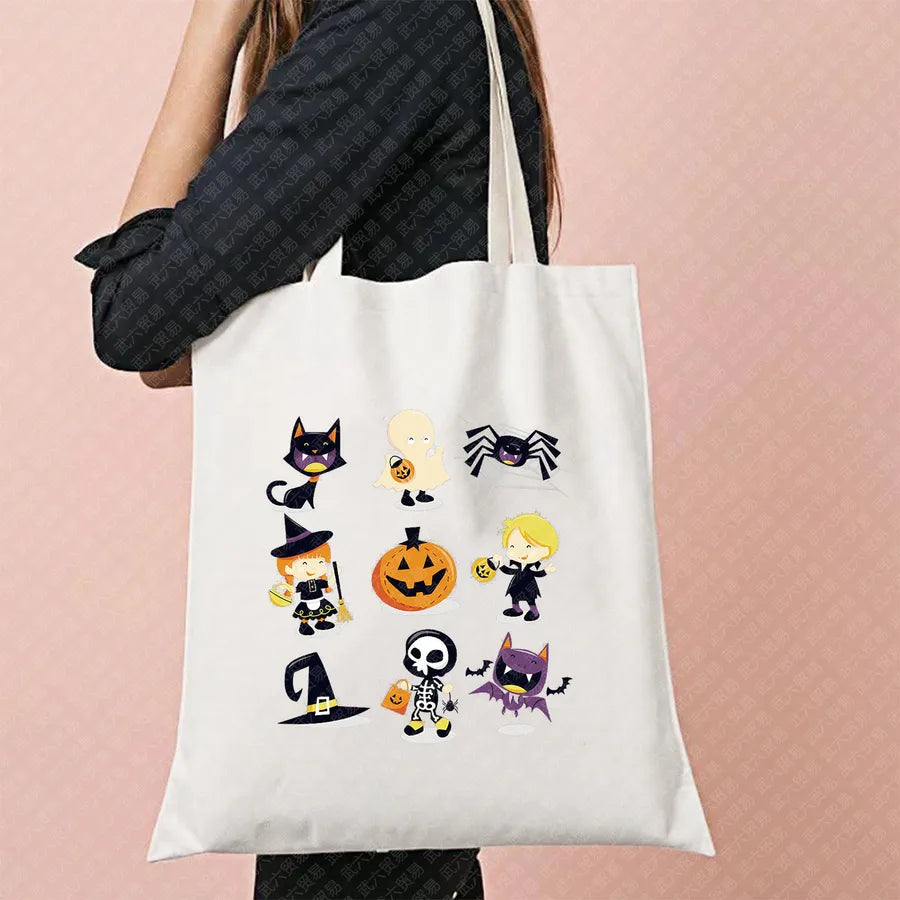 Halloween Movie Pattern Canvas Tote Bag Reusable Shopping Shoulder Bag Travel Large Square Printed Handbag Retro Style Women