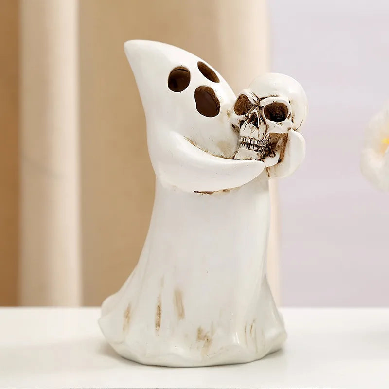 Halloween Window Display Decorations Resin Pumpkin Carving White Ghost Holding Skull Head Tabletop Ornaments European Style