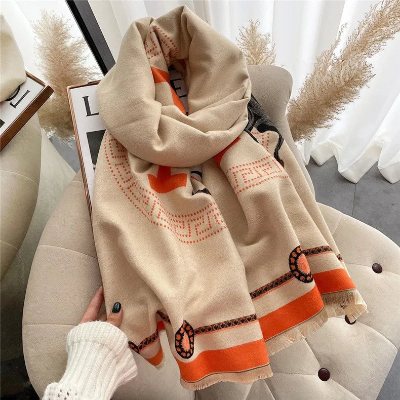 women's retro color block imitation cashmere printing scarf