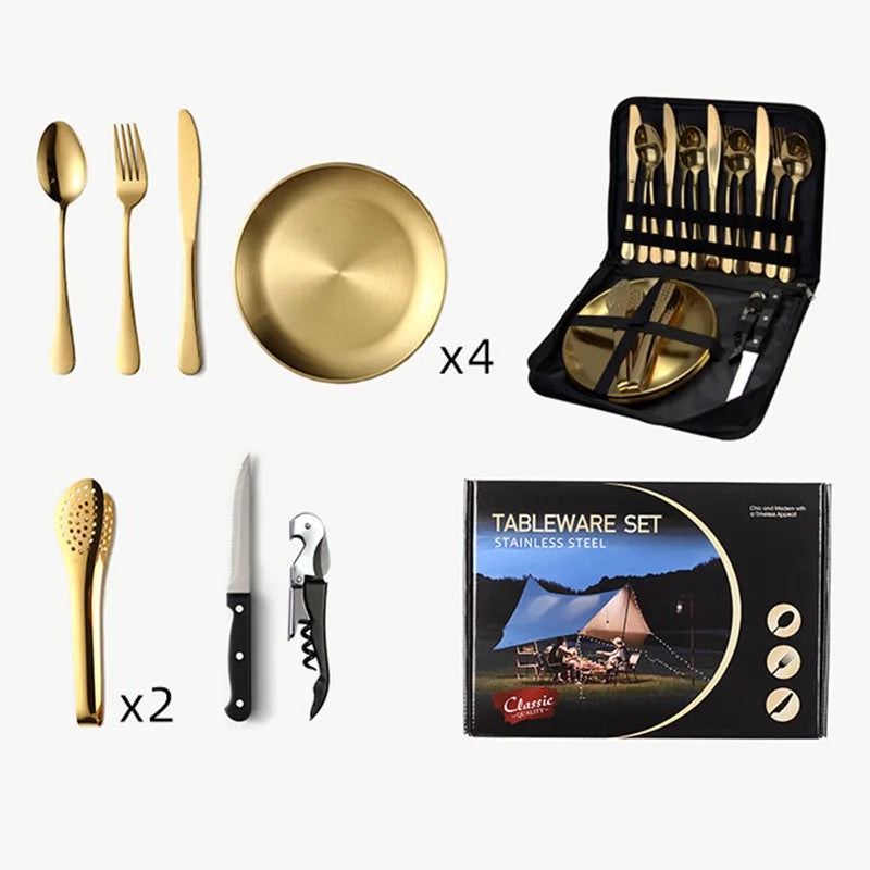 Outdoor travel stainless steel tableware camping picnic barbecue plate clip steak knife, fork and spoon suit portable storage bag