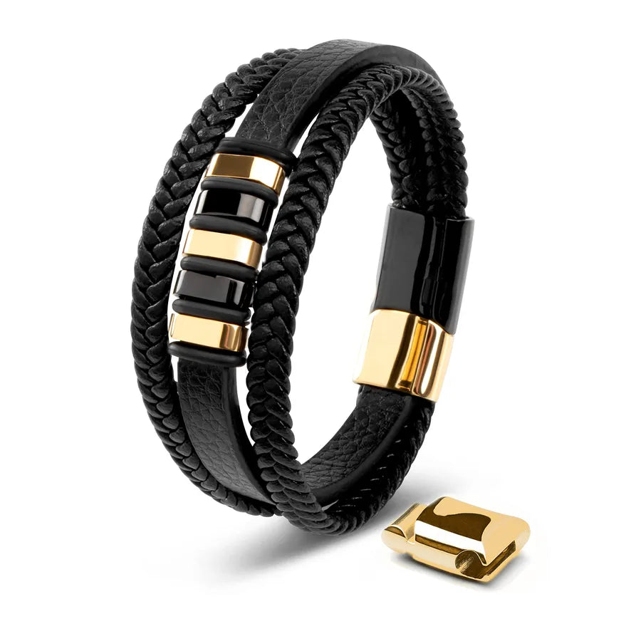 Men's Leather Bracelet Two-Tone Magnetic Buckle Gold Steel Stainless Steel Three-Section Buckle Men's Black Leather Bracelet