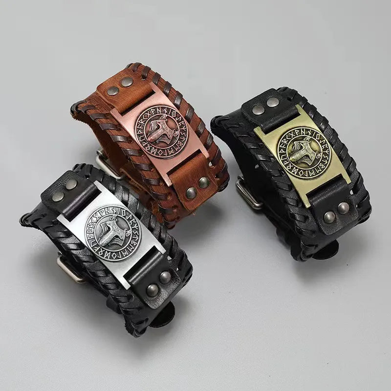 Direct Sales Vintage Weave Leather Bracelet Punk Wolf Head Totem Bracelet Viking Wide Leather Bracelet
