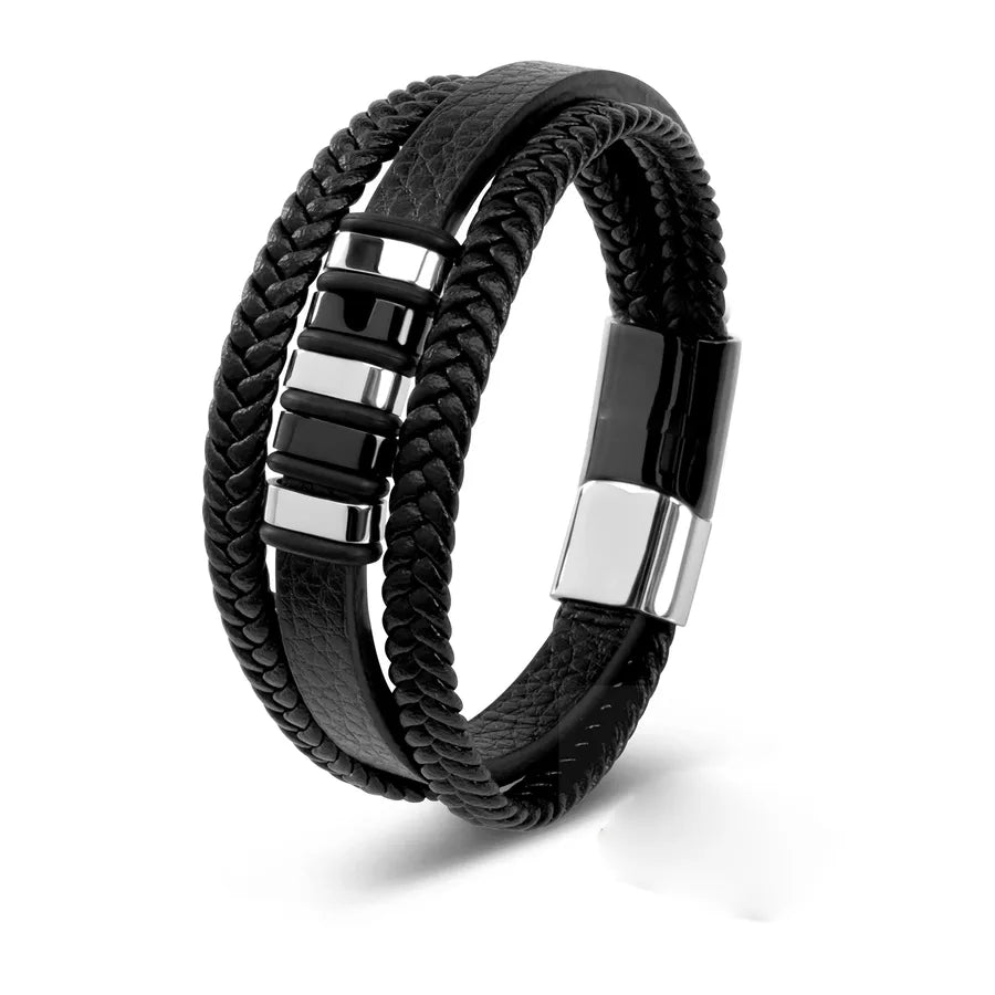 Men's Leather Bracelet Two-Tone Magnetic Buckle Gold Steel Stainless Steel Three-Section Buckle Men's Black Leather Bracelet