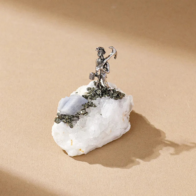 Natural Agate Alloy Silver Miner Ornaments Crystal Raw Stone Crystal Crafts Handmade Home Decoration