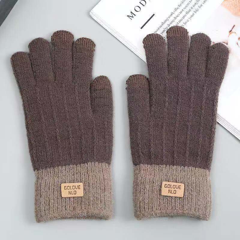 In stock autumn and winter women's knitted gloves fleece-lined thick warm cold-proof outdoor finger touch screen gloves