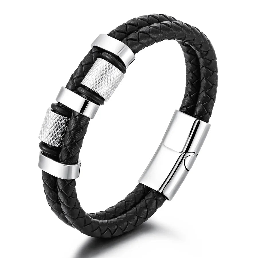 Multi-layer leather double-layer woven leather bracelet stainless steel magnet buckle bracelet creative punk men's leather bracelet
