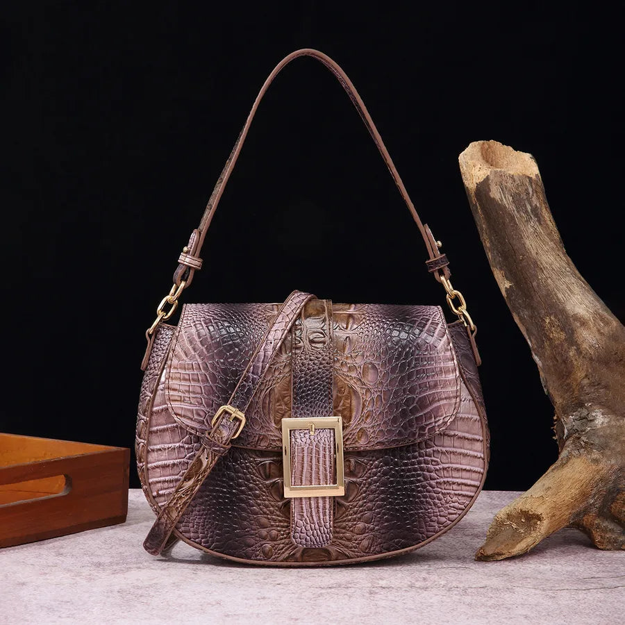 Women's Medium Pu Leather Crocodile Elegant Vintage Style Oval Buckle Crossbody Bag