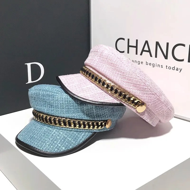 women's elegant business basic solid color chain curved eaves beret hat