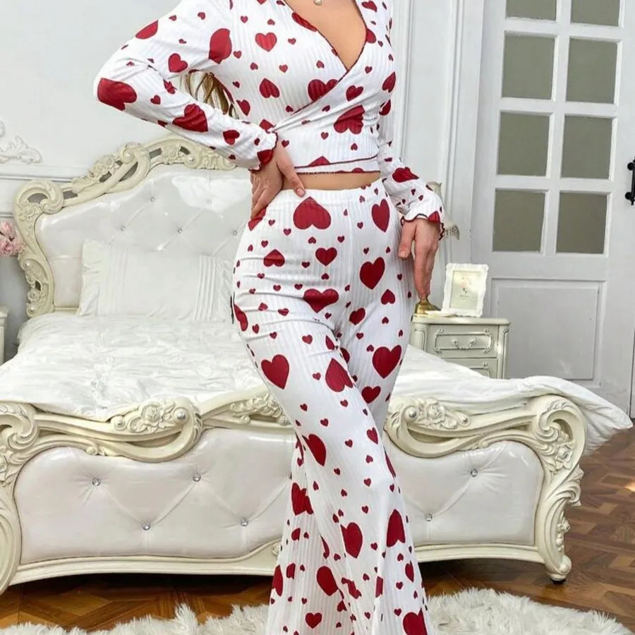 New European Style Home Clothes Set Women's Long Sleeve V-Neck Heart Print Two-Piece Suit Sweet Pure Desire Sleepwear
