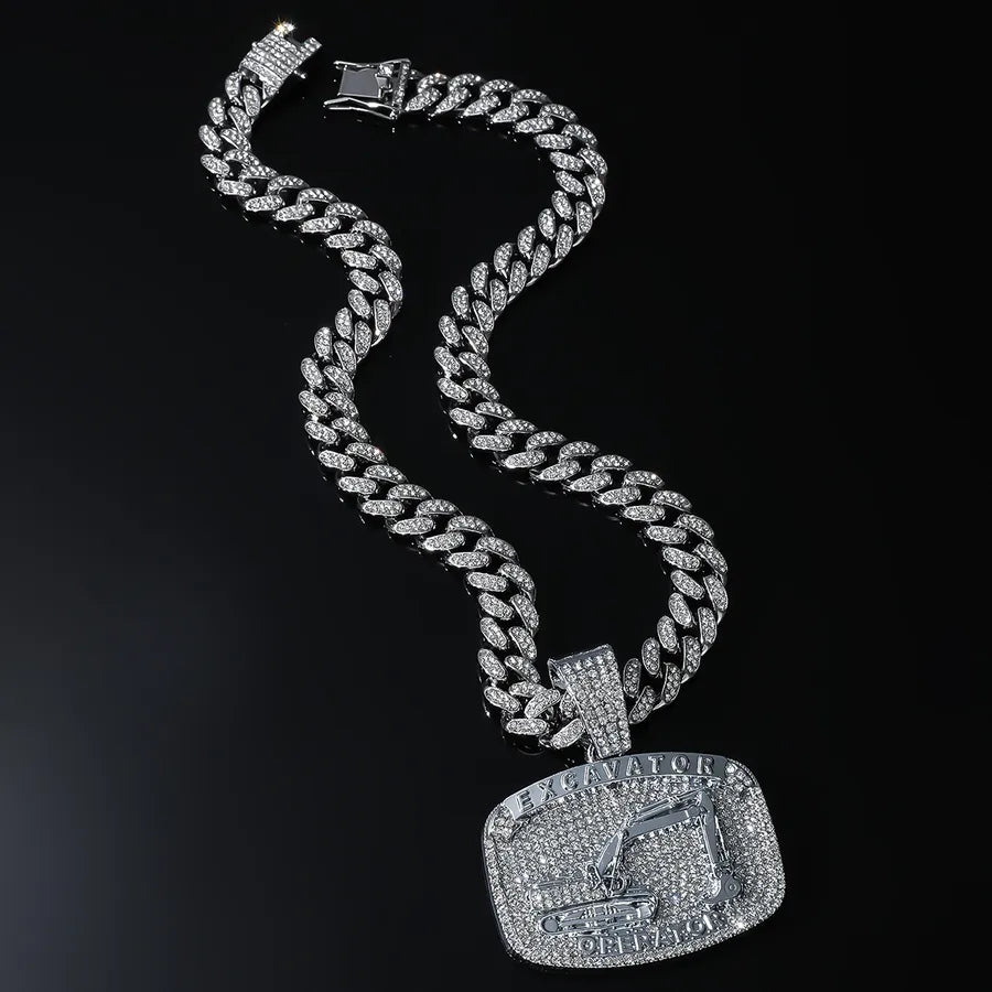 New Full Diamond Excavator Card Pendant Matching Cuban Link Chain  Hip Hop Nightclub Disco Dancing Decorative Necklace