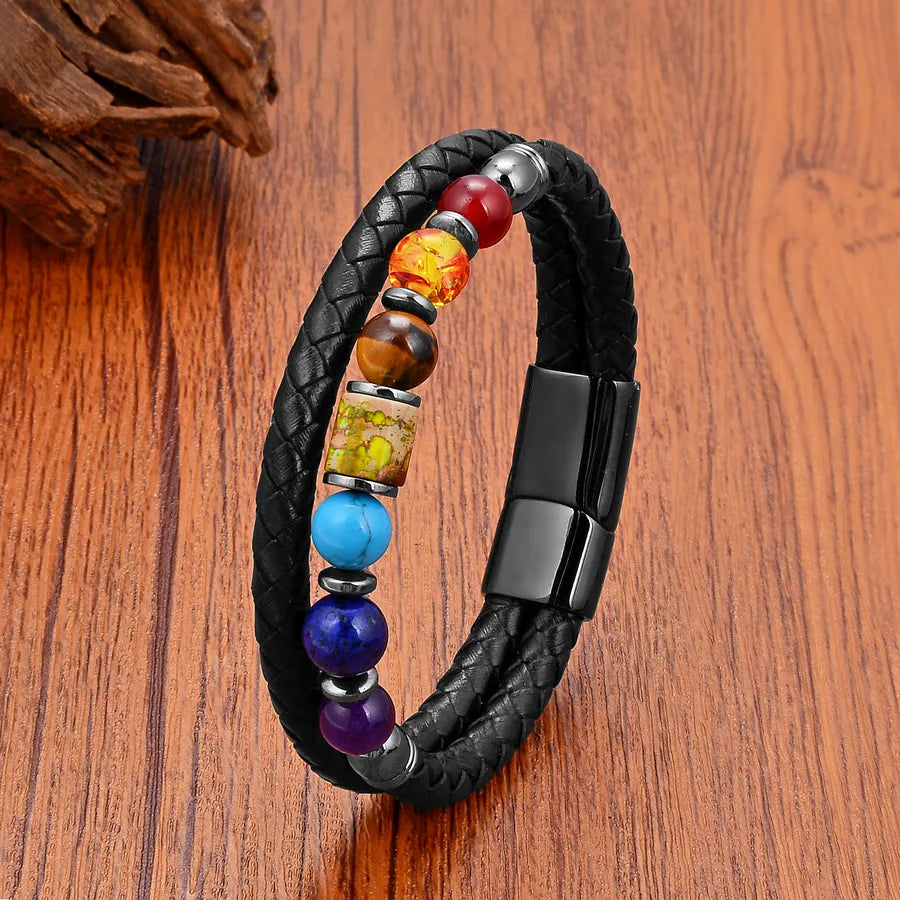 Casual Simple Style Round Leather rope Stone Metal Beaded Unisex Bracelets