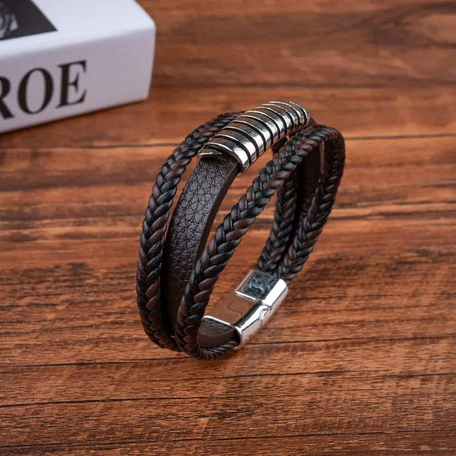 Casual Simple Style Geometric Pu Leather Metal Layered Men's Bracelets