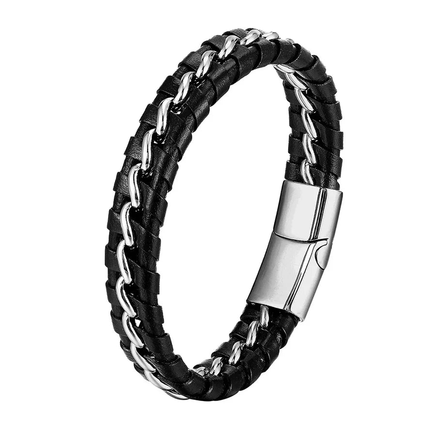 Leather Bracelet Handmade Bracelet Chain Authentic Leather Weave Simple Men's Leather Bracelet Retro Stainless Steel Leather Rope