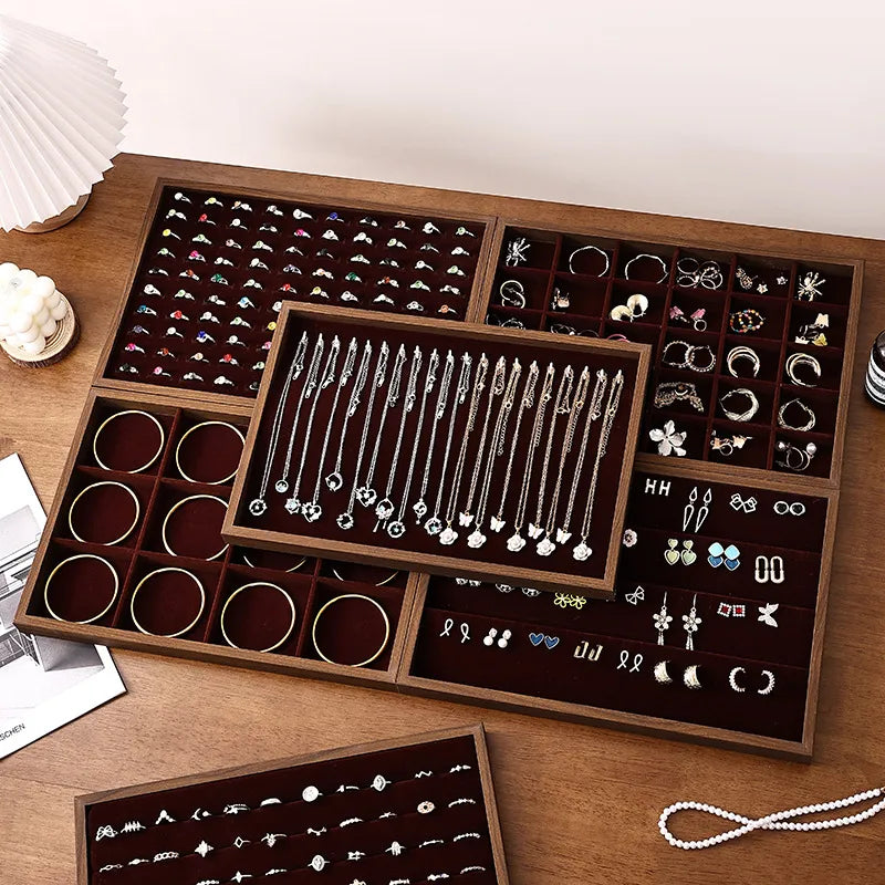 Walnut Wood Jewelry Display Tray Earring Necklace Bracelet Ring Stand Night Market Stall Props Luxury Style Jewelry Holder