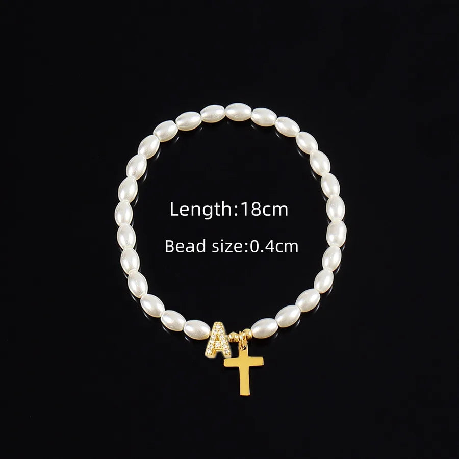 Simple Style Cross Letter 304 Stainless Steel Artificial Pearl Copper Beaded Chain Bracelets In Bulk