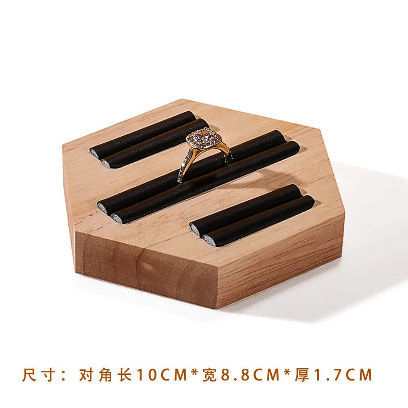 Wooden Jewelry Display Stand Ring Holder Shop Window Props Stall Selling Hexagonal Pattern Real Wood Craft Academic Style