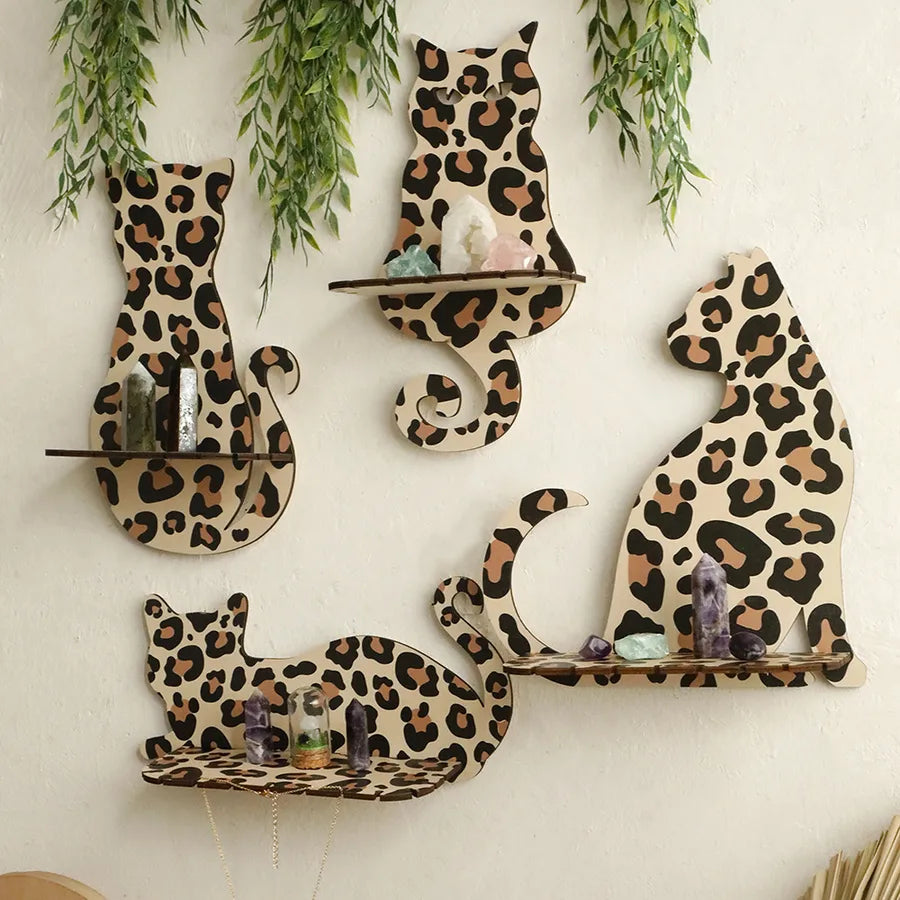 Cute Cat Leopard Wood Storage Rack Wall Art