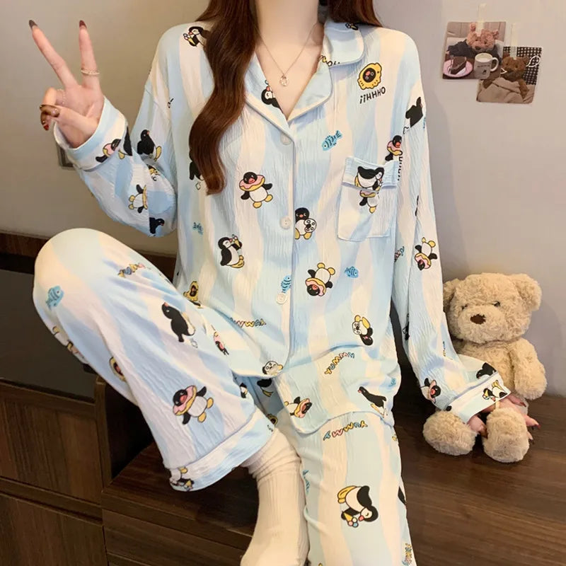 Sweet Girl Heart Print Open Cardigan Sleepwear Long Sleeve Crepe Home Clothes Set Spring New Style Casual Breathable Polyester