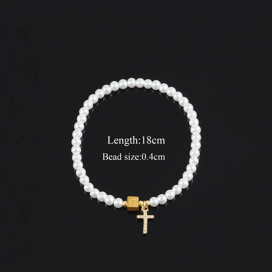 Casual Elegant Classic Style Cross Letter 304 Stainless Steel Artificial Pearl Copper Beaded Chain Beaded Bracelets Wholesale