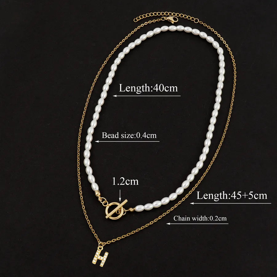 Elegant Simple Style Classic Style Letter Zircon 201 Stainless Steel Artificial Pearl Copper Beaded Chain cable chain Beaded Necklaces Wholesale