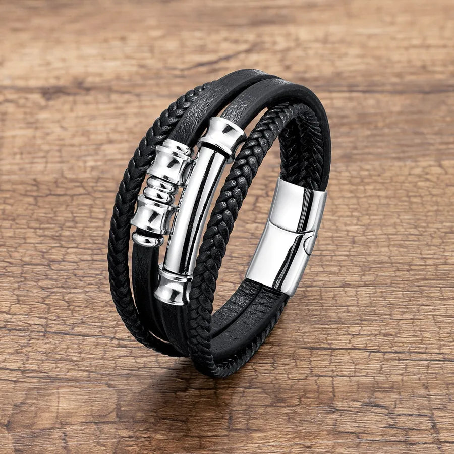 Retro Men's Simplicity Stainless Steel Buckle Leather Cord Bracelet  Fashion Personality Multi-Layer Leather Ornament Bracelet