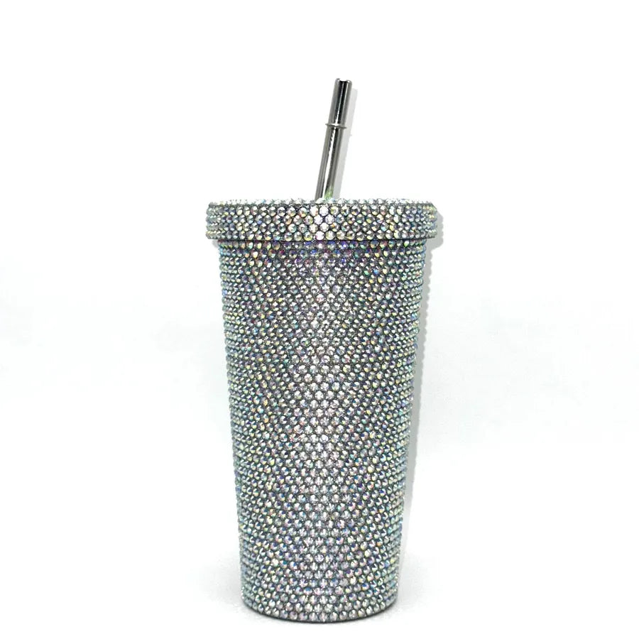 New Diamond-encrusted Insulated Water Cup Double-layer Diamond Tapered Straw Cup Beverage Cup Drinking Cup