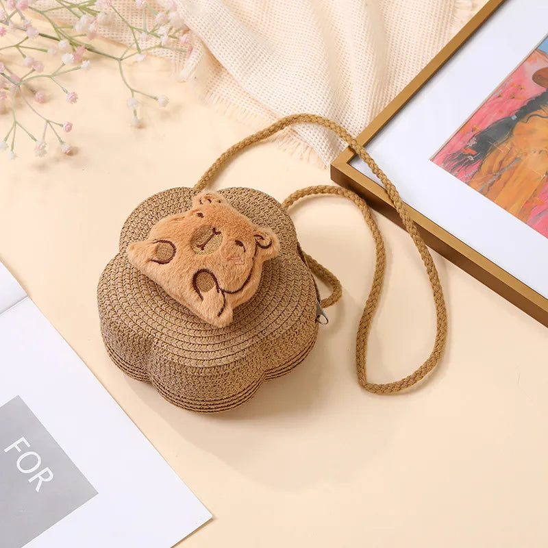 Summer Woven Bag  New Children's Cute Capibala Seaside Vacation Straw Woven Bag Crossbody Coin Purse