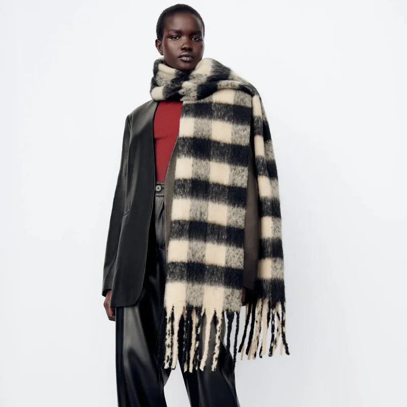 women's streetwear lattice imitation cashmere tassel winter scarves