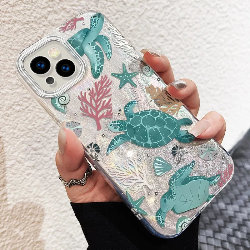 Blue Green Turtle Starfish Phone Case Compatible With Apple 16promax 15Plus 14 Personalized 13 12 Sets Cute Frosted PC Shell