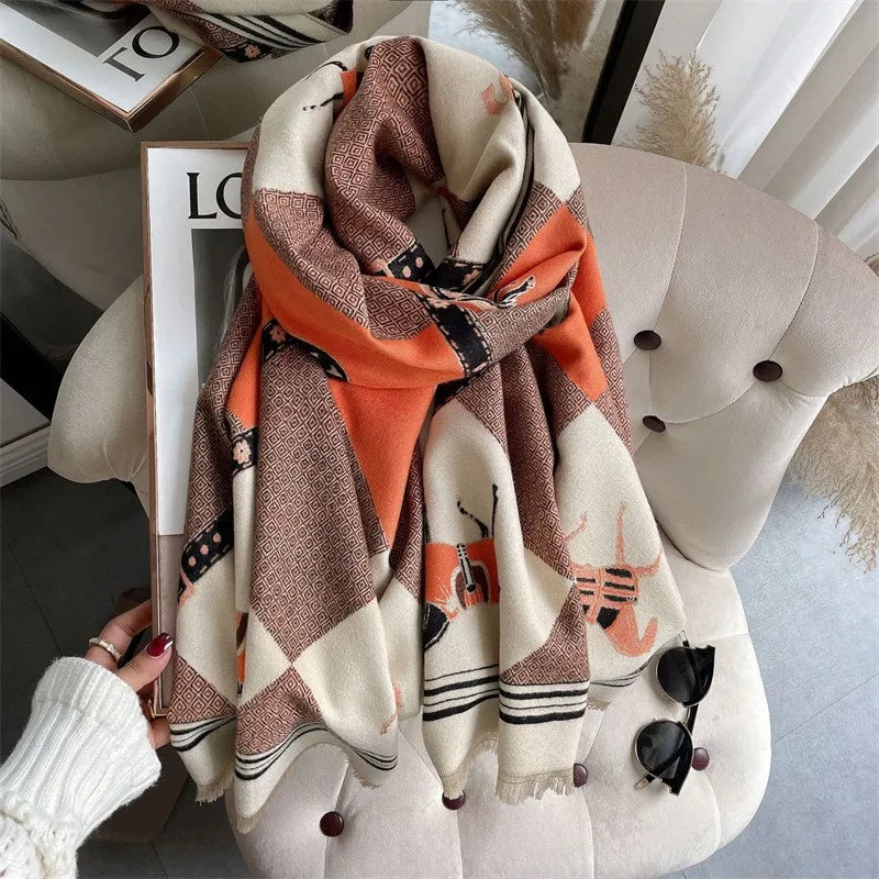 women's retro color block imitation cashmere printing scarf