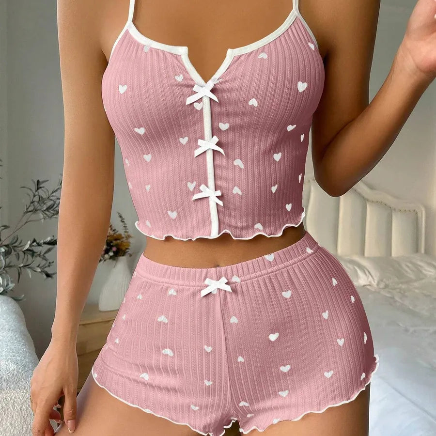 Home Daily Women's Casual Heart Shape Spandex Polyester Printing Bowknot Pants Sets Pajama Sets