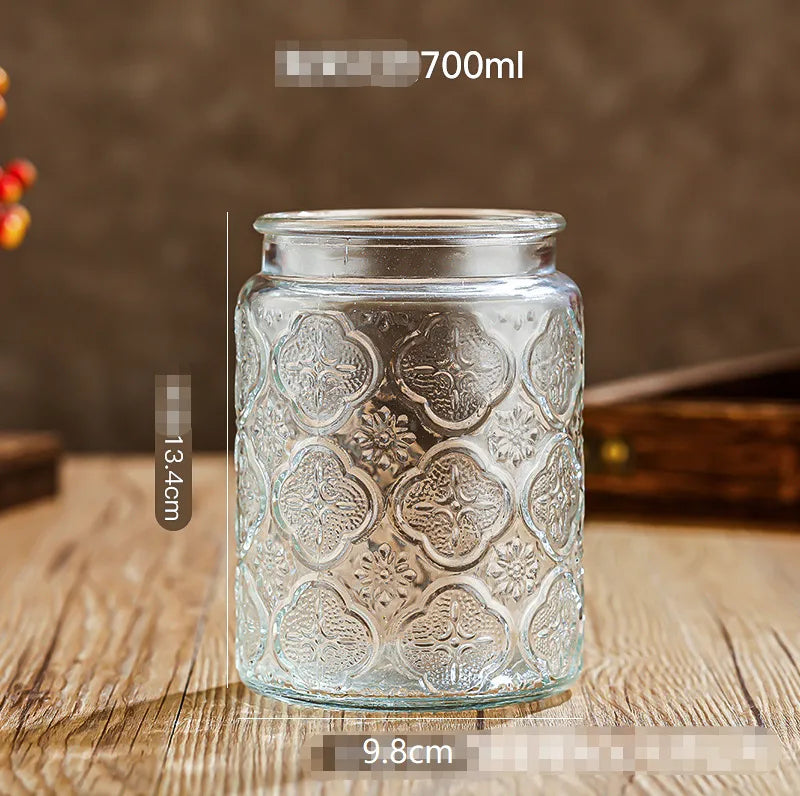 Glass Embossed Glass Sealed Jar Square Storage Jar Snack Dried Fruit Storage Jar Kitchen Household Glass Jar Vintage