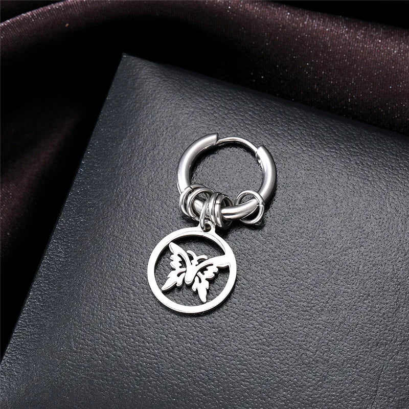punk leaves cat butterfly stainless steel plating hollow out drop earrings