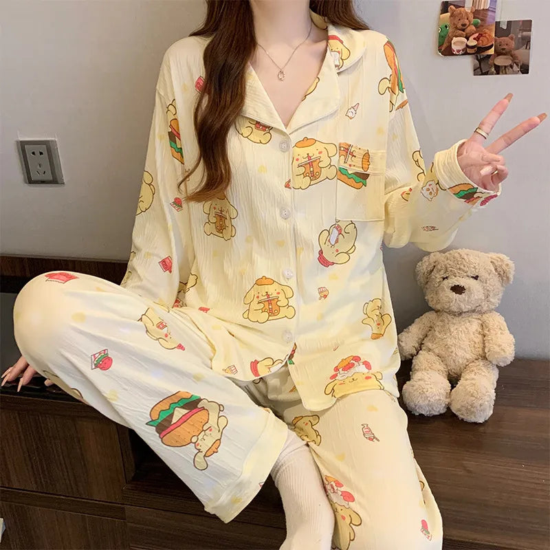 Sweet Girl Heart Print Open Cardigan Sleepwear Long Sleeve Crepe Home Clothes Set Spring New Style Casual Breathable Polyester