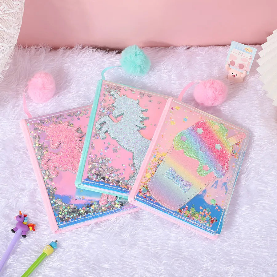 Adorable Glitter  Notebook Cute Cartoon Student Planner Journal Ice Cream  Blue  Wooden Pulp Furry Material