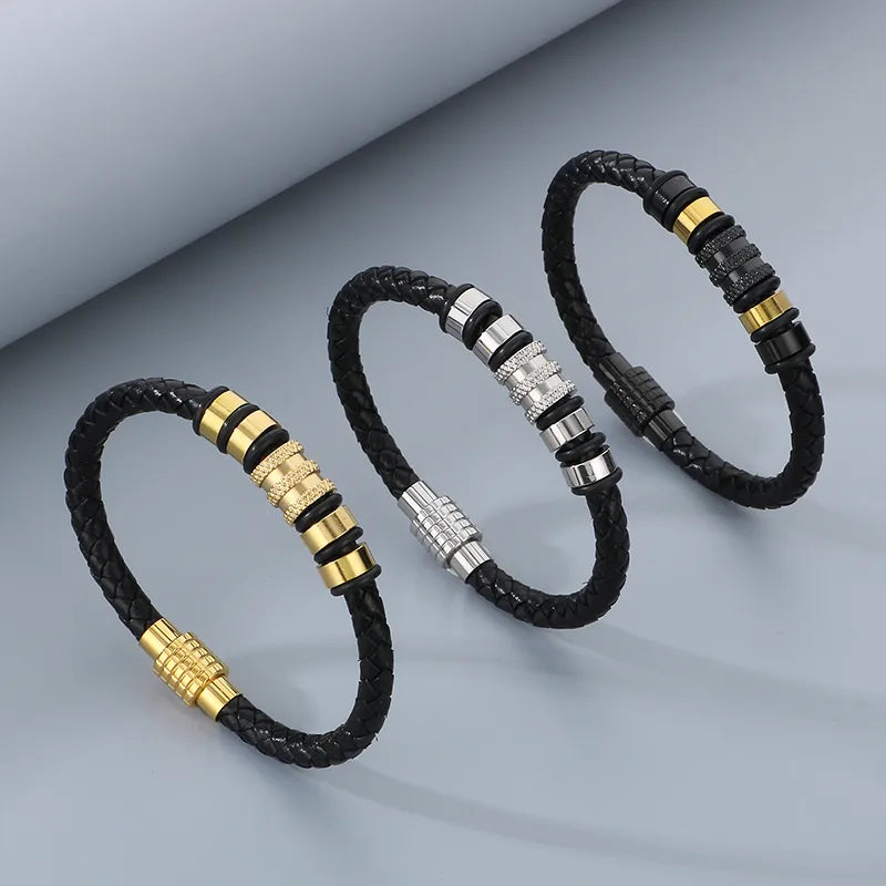 Simple Style Geometric 304 Stainless Steel Super fine reinforced leather 18K Gold Plated Men's Bangle