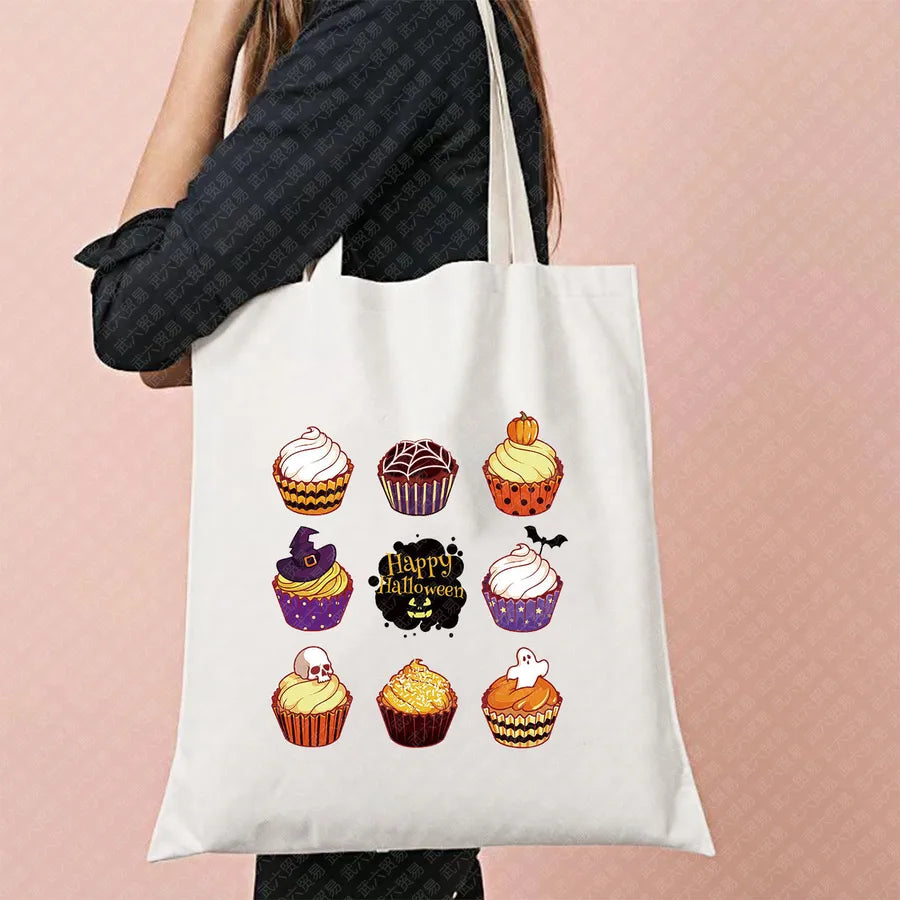 Halloween Witch Pattern Canvas Tote Bag Reusable Shopping Bag For Commuting Traveling Women Large Square Fashionable Bag