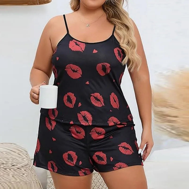 Sexy Plus Size Floral Print Halter Neck Sleepwear Set Women's Large Size Strap Viscose Polyester Blend Comfortable Nightgown