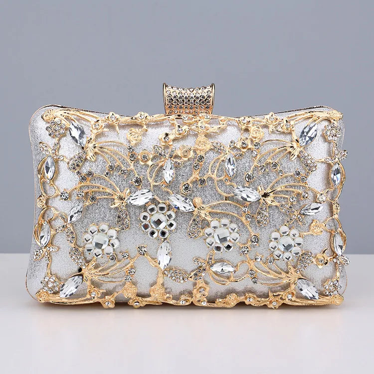 black gold silver pu leather flower rhinestone square clutch evening bag