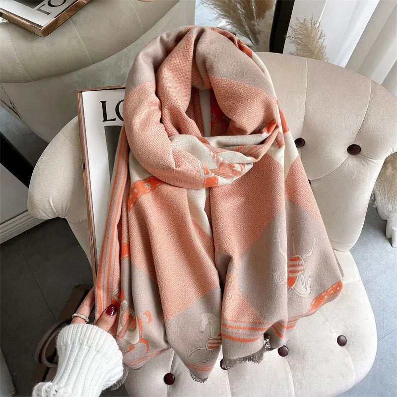 women's retro color block imitation cashmere printing scarf