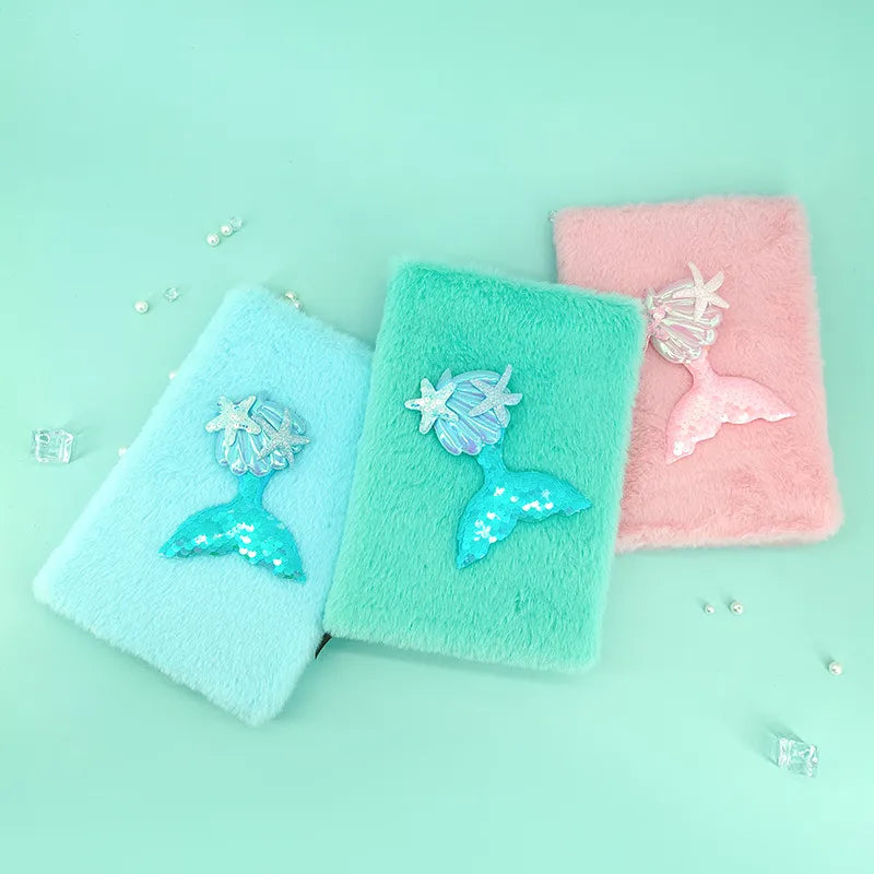 Mermaid Tail Shiny Sequin Plush Notebook A5 Size 80 Pages Cute Cartoon Style Memory Book Diary Gift For Girls