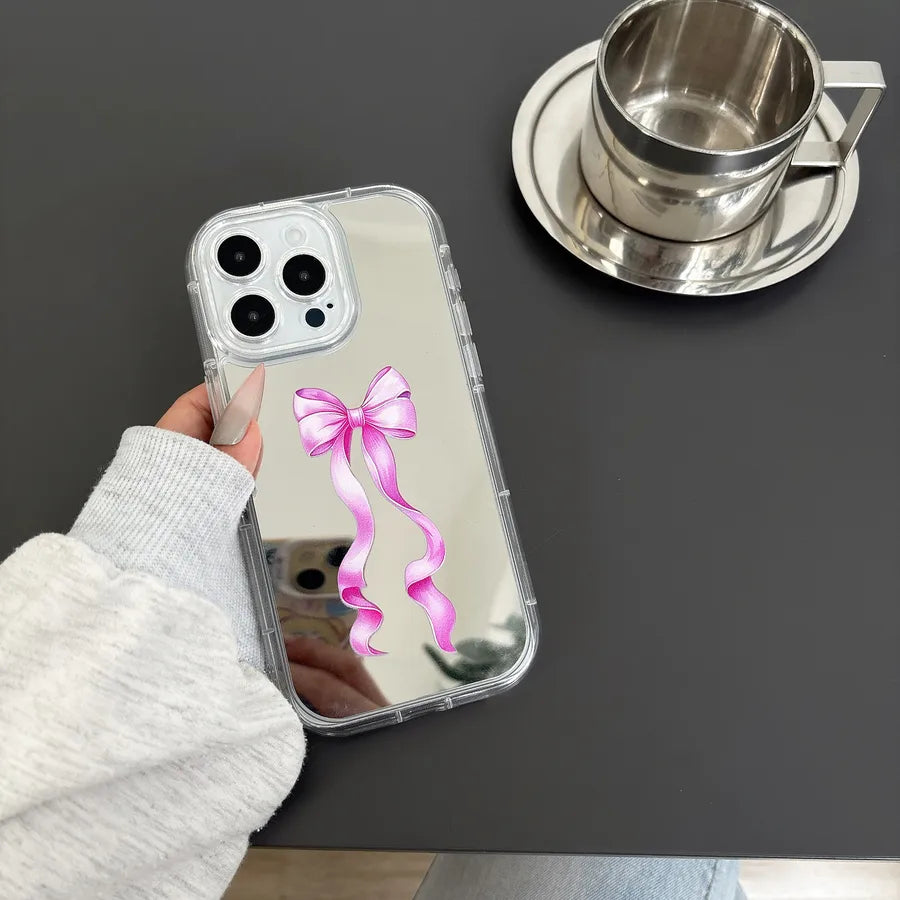 Delicate Mirror Apple Protective Case Pink Butterfly Bow Decorative Practical Makeup Mirror Precise Hole Location Sweet Girl Essential