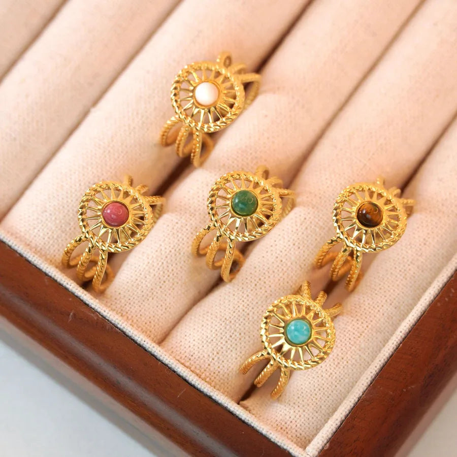 Retro Geometric Titanium Steel Natural Stone Open Rings In Bulk