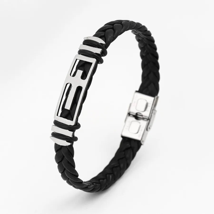 Retro Punk Solid Color 304 Stainless Steel Pu Leather Plating Men's Bangle Men Cord & Leather Bracelets